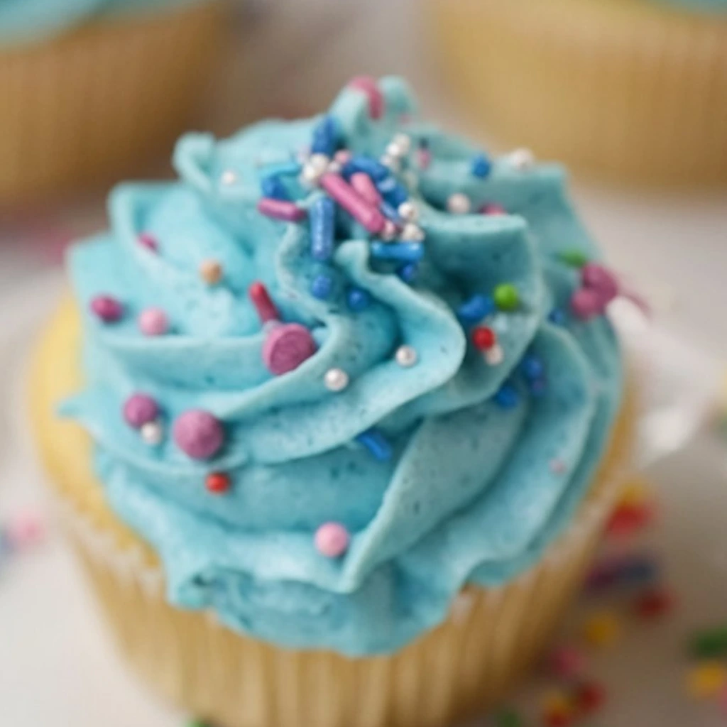 Vanilla cupcake with vibrant blue frosting swirls, topped with colorful sprinkles including pink, purple, and silver pearls, creating a playful and festive look