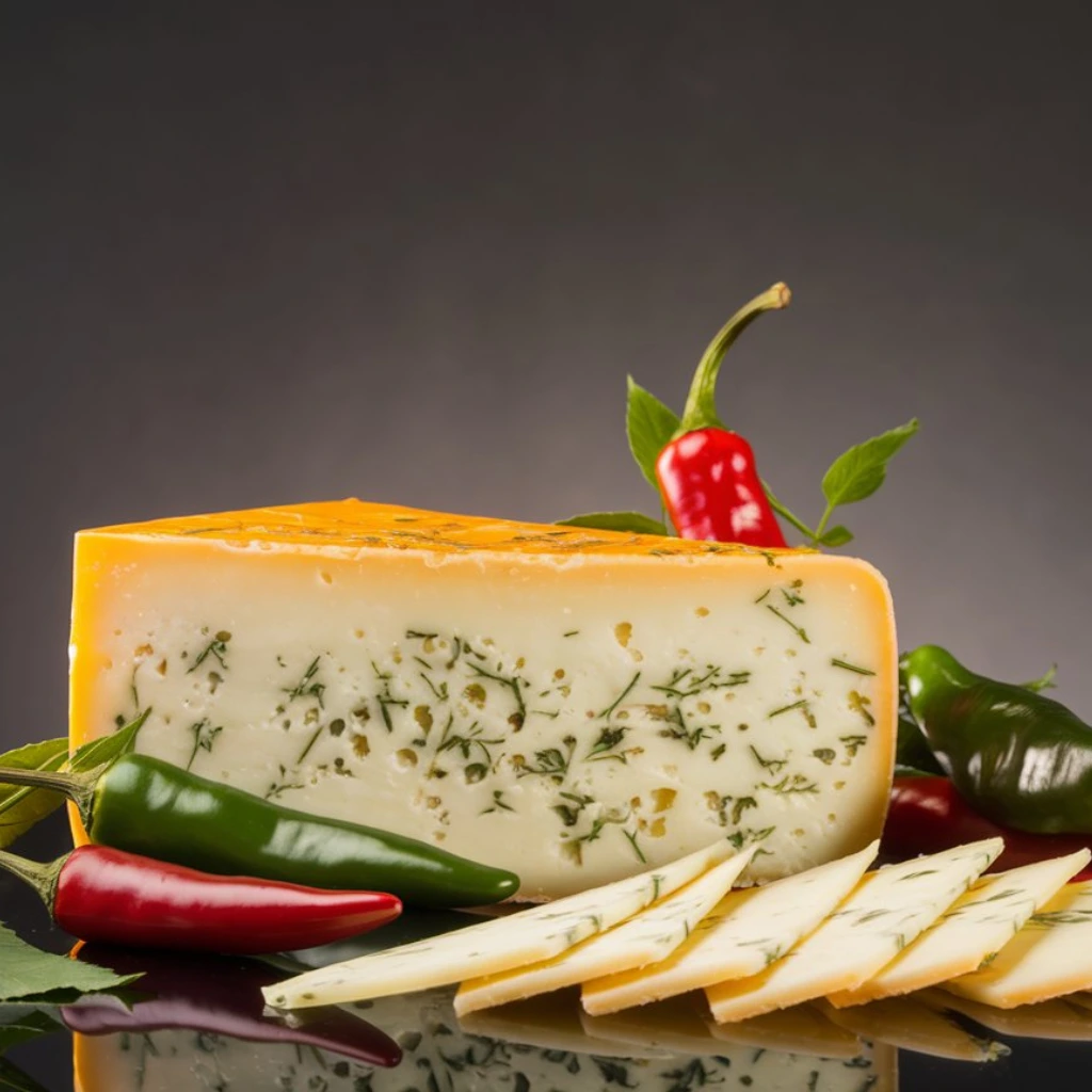 A block of Monterey Jack cheese infused with herbs and surrounded by fresh red and green chili peppers, with slices of the cheese arranged on a reflective surface