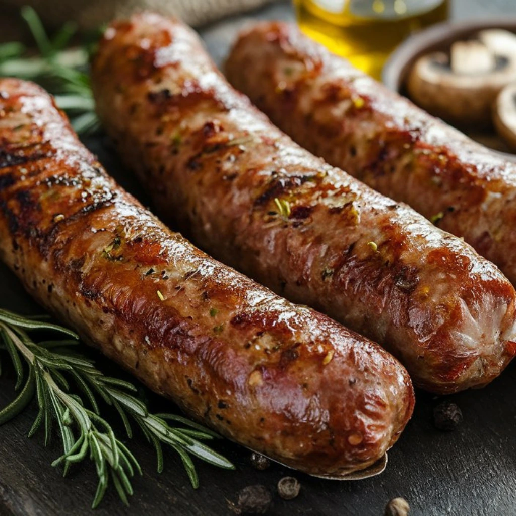Grilled sausages with a golden-brown crust, garnished with fresh rosemary, displayed on a dark slate surface with mushrooms and olive oil in the background