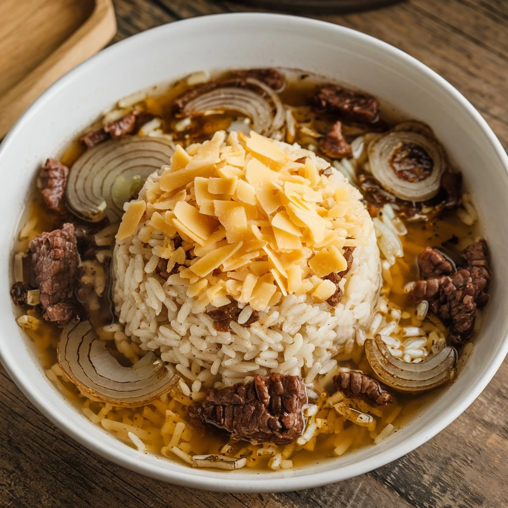 Delicious bowl of French Onion Soup Rice with shredded cheese, caramelized onions, and tender beef chunks