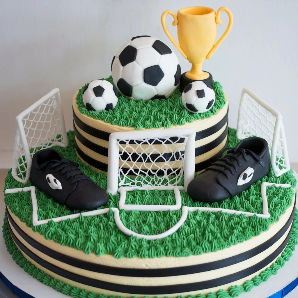 A two-tiered soccer-themed cake decorated with fondant soccer balls, goalposts, cleats, and a golden trophy, set on a green frosting field.