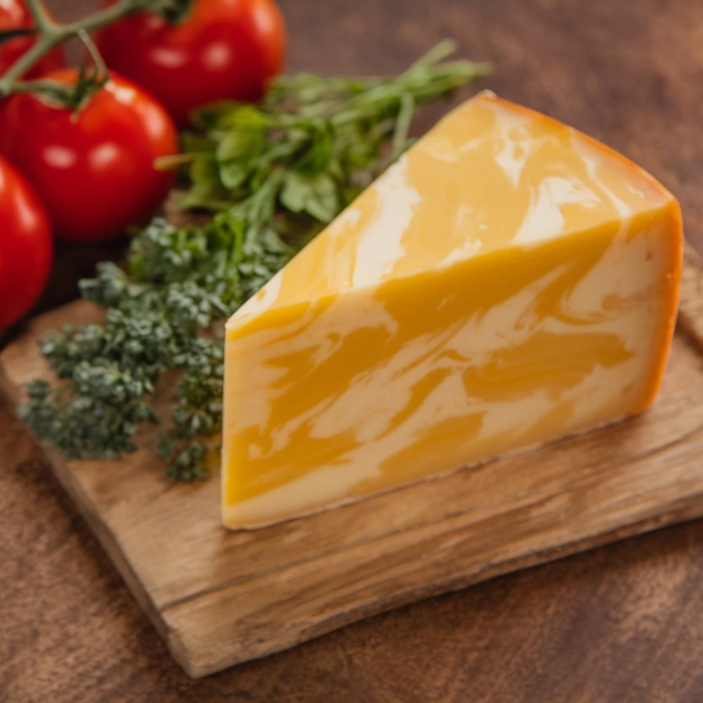 A wedge of marbled Monterey Jack cheese on a wooden cutting board, accompanied by fresh herbs and ripe tomatoes on the vine