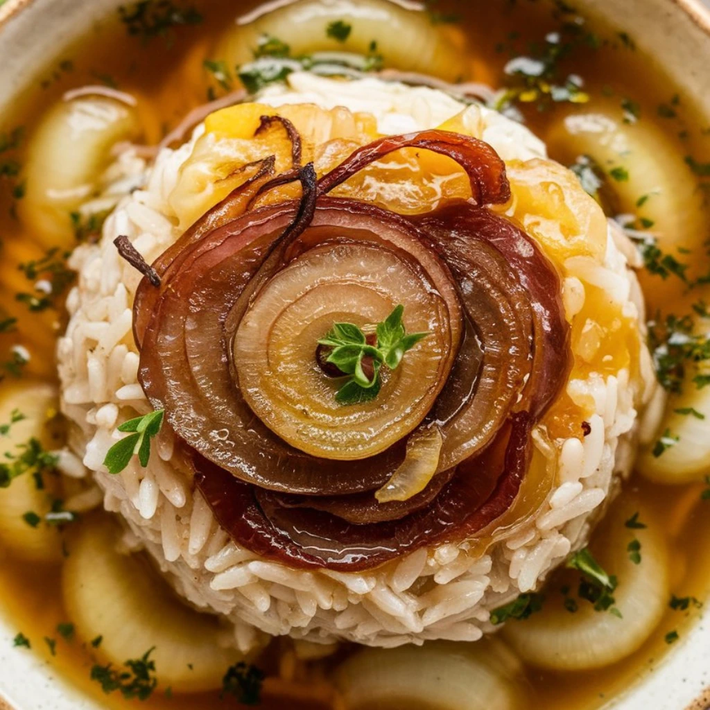 Close-up of a bowl featuring French Onion Soup Rice garnished with caramelized onions, fresh thyme, and a rich broth.