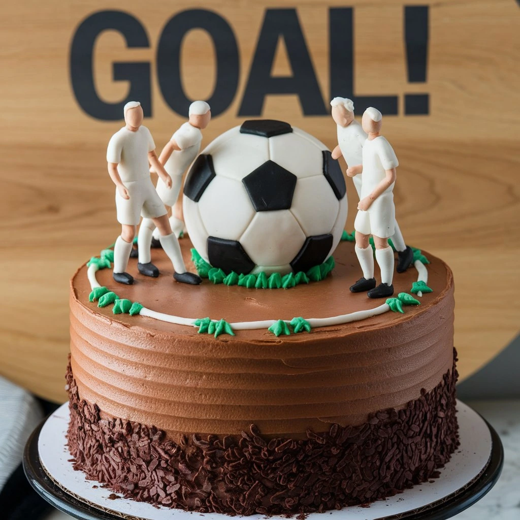 A beautifully decorated soccer-themed cake with chocolate frosting, a fondant soccer ball, and miniature player figurines, set against a "GOAL!" backdrop.