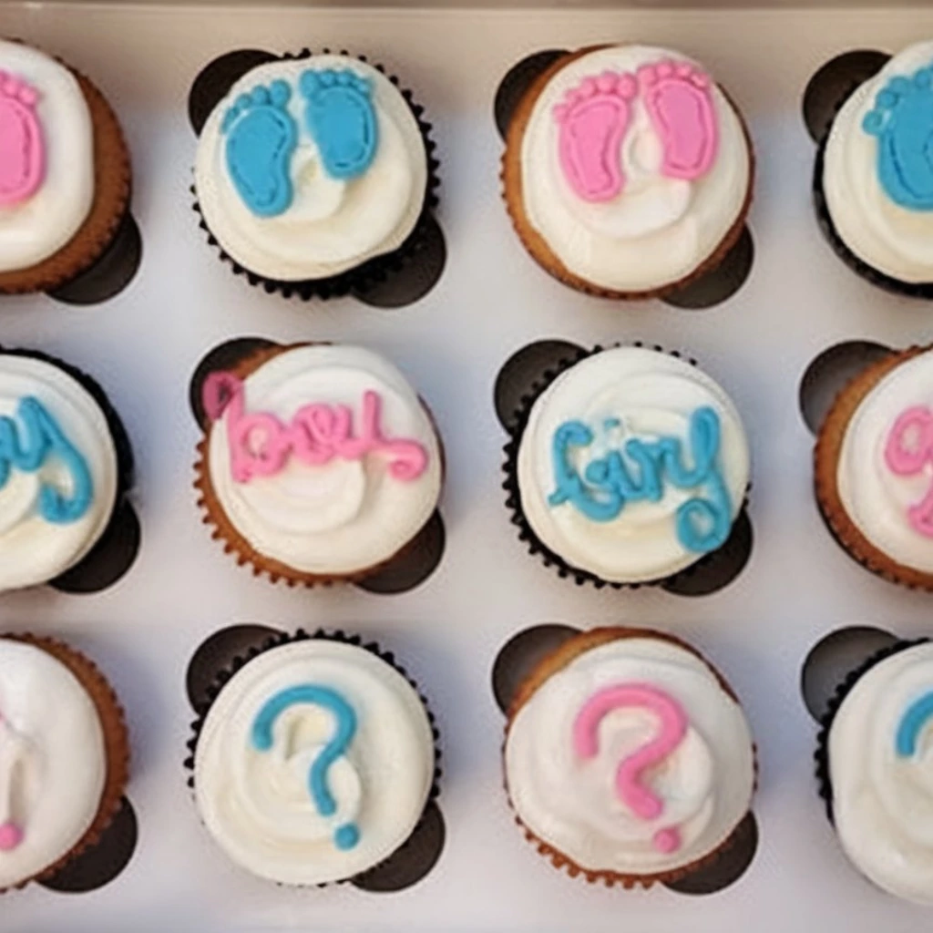 Box of gender reveal cupcakes decorated with white frosting, featuring pink and blue fondant baby footprints, question marks, and the words 'boy' and 'girl' in colorful icing