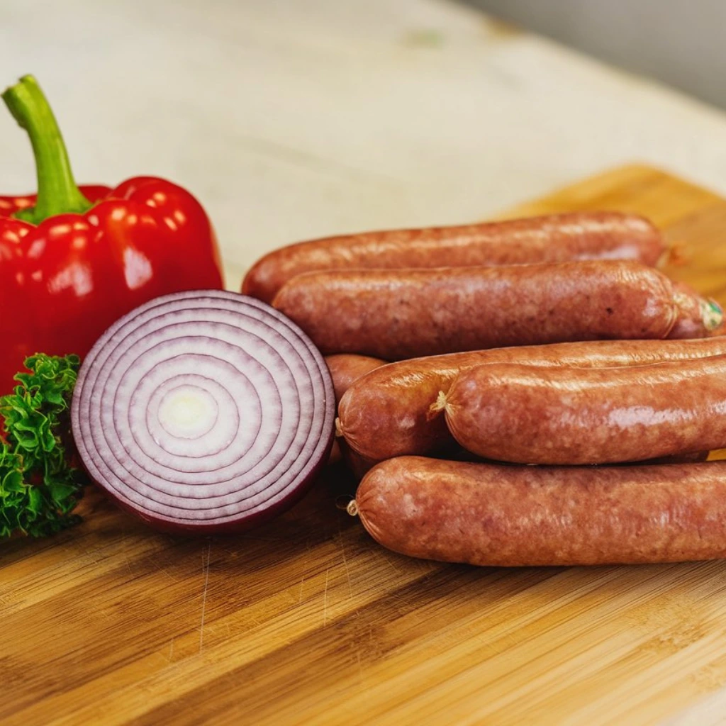 Fresh sausages arranged on a wooden cutting board with a red bell pepper, a sliced red onion, and a sprig of parsley, ready for cooking