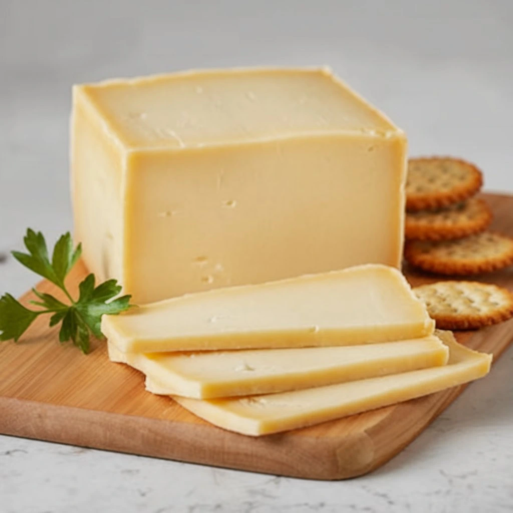 A block of Monterey Jack cheese with several slices placed on a wooden board, accompanied by crackers and a sprig of parsley, against a light background