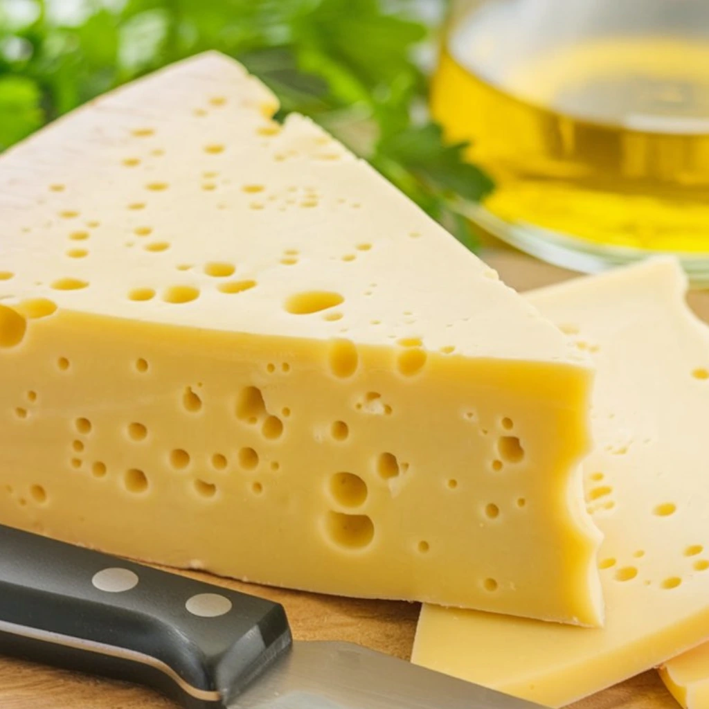 A wedge of holey Monterey Jack cheese on a wooden board, paired with a kitchen knife and a backdrop of fresh parsley and olive oil