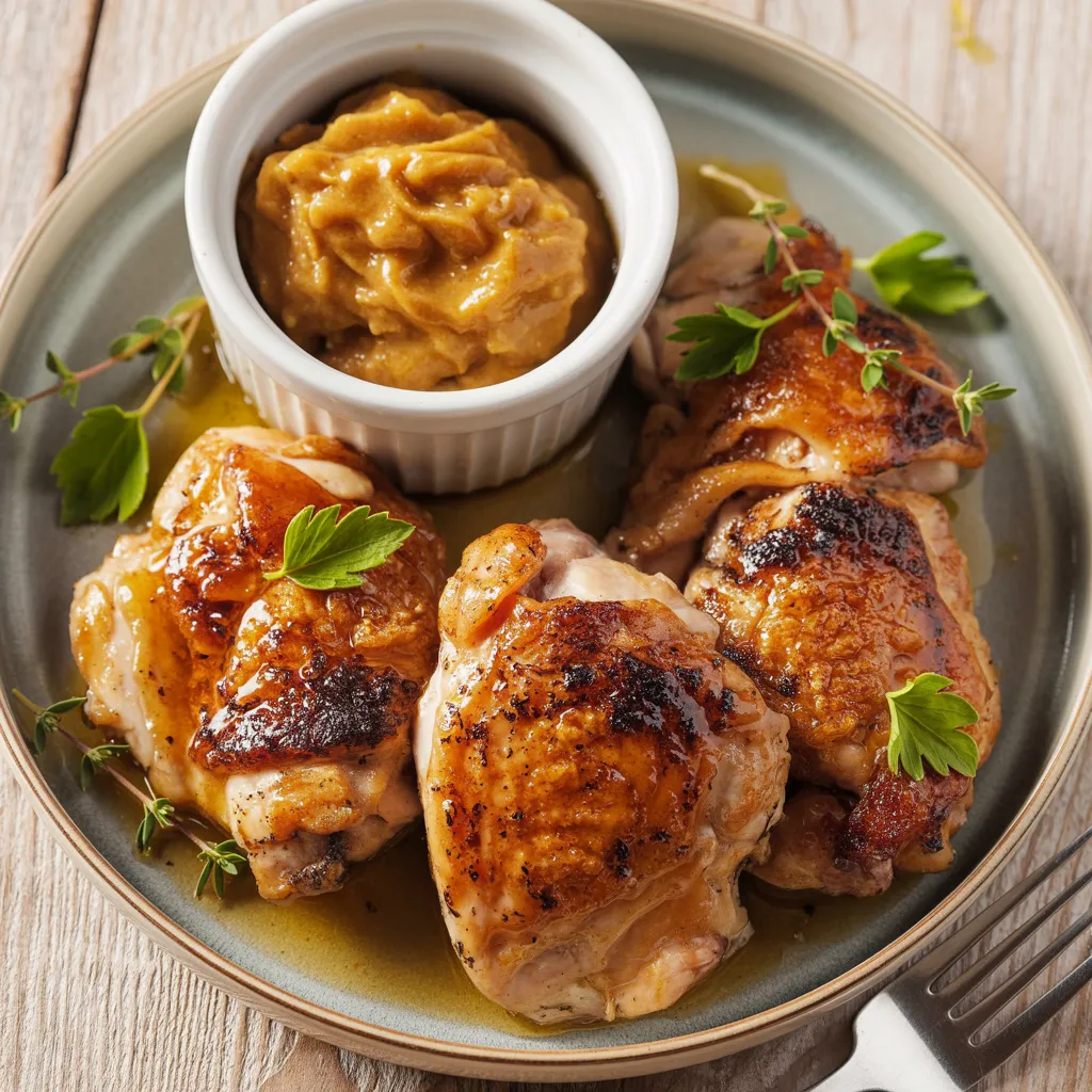 Plated apricot-dijon chicken thighs on a sage green ceramic plate, garnished with fresh parsley leaves. A white ramekin of golden apricot-dijon sauce sits alongside the chicken. The thighs show perfect caramelization with dark charred spots and a glossy glaze, while resting in their natural juices. The composition is styled on a light wooden surface with a fork visible at the edge