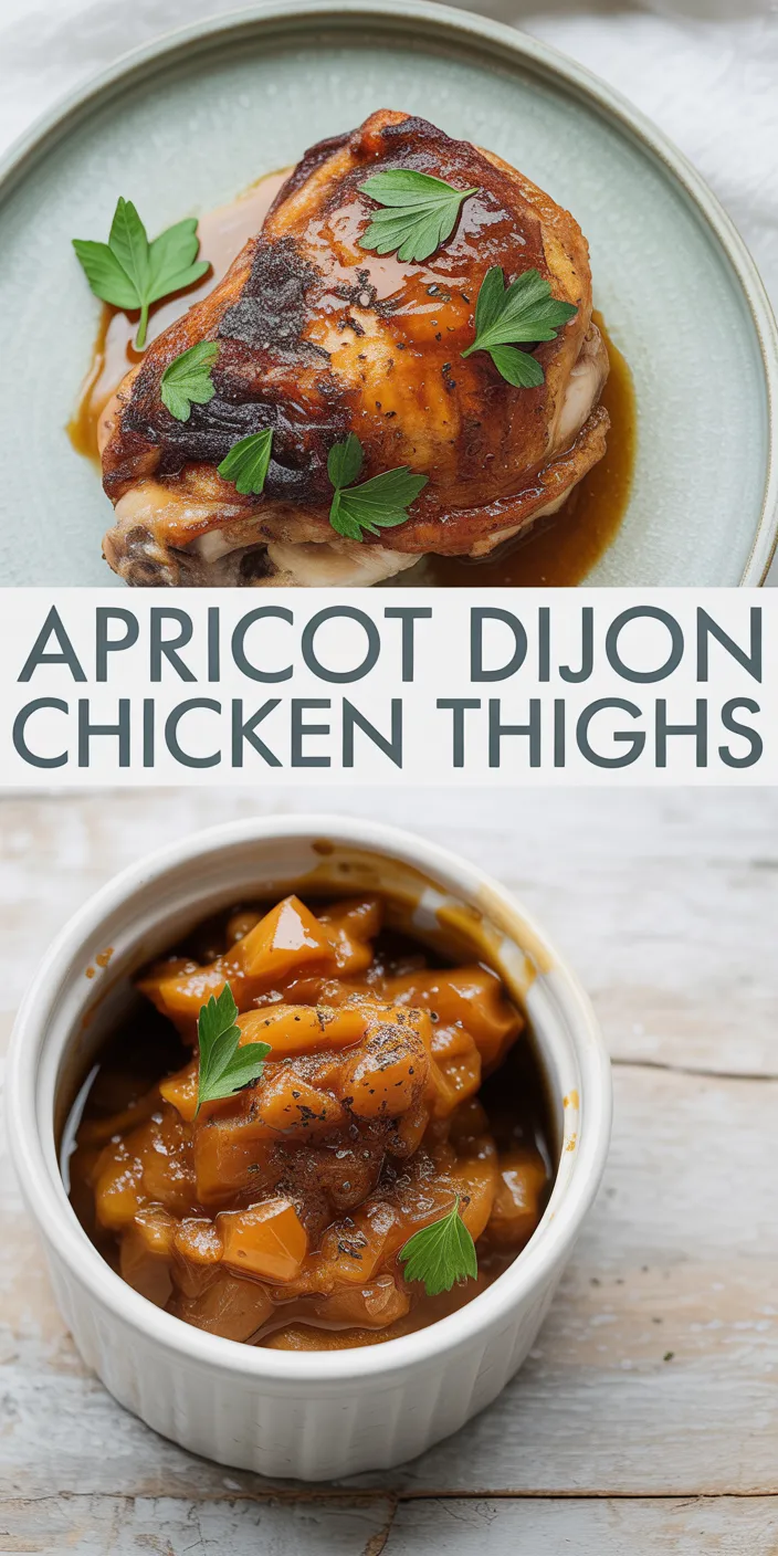 Two-part recipe title image for Apricot Dijon Chicken Thighs. The top photo shows a glazed chicken thigh on a mint-green ceramic plate, garnished with fresh parsley leaves, the skin caramelized to a deep amber with charred spots. Below the bold text title, the bottom image features a white ramekin filled with chunky apricot-dijon sauce garnished with parsley, showcasing the sauce's golden color and texture against a rustic white wooden background