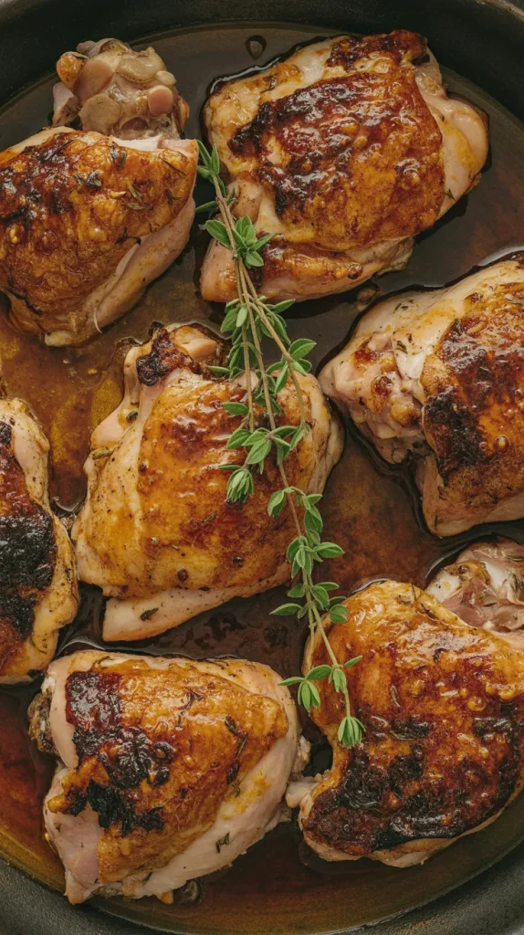 Overhead shot of caramelized apricot-dijon chicken thighs in a cast iron skillet. The chicken pieces display a rich golden-brown color with darker charred spots, surrounded by savory pan juices. A fresh sprig of thyme adds a vibrant green accent across the center. The skin appears crispy and glazed, with the sauce creating a glossy finish that catches the light