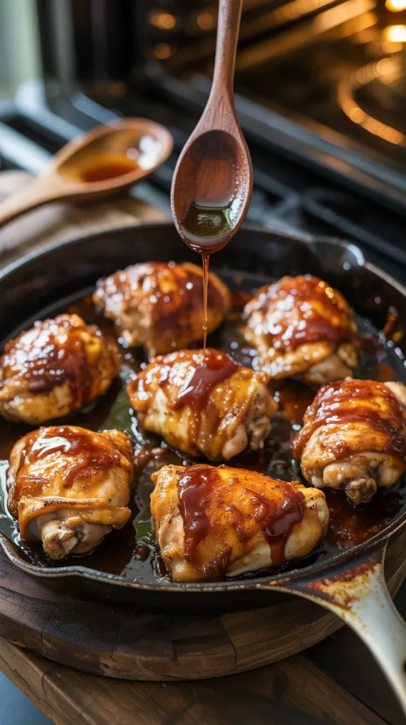 A wooden spoon drizzling golden apricot-dijon sauce over glazed chicken thighs in a cast iron skillet. Eight chicken thighs are arranged in the pan, their skin glistening with a rich, caramelized glaze. The thin stream of sauce catches the light as it drips from the spoon, highlighting the glossy finish on the perfectly browned chicken below