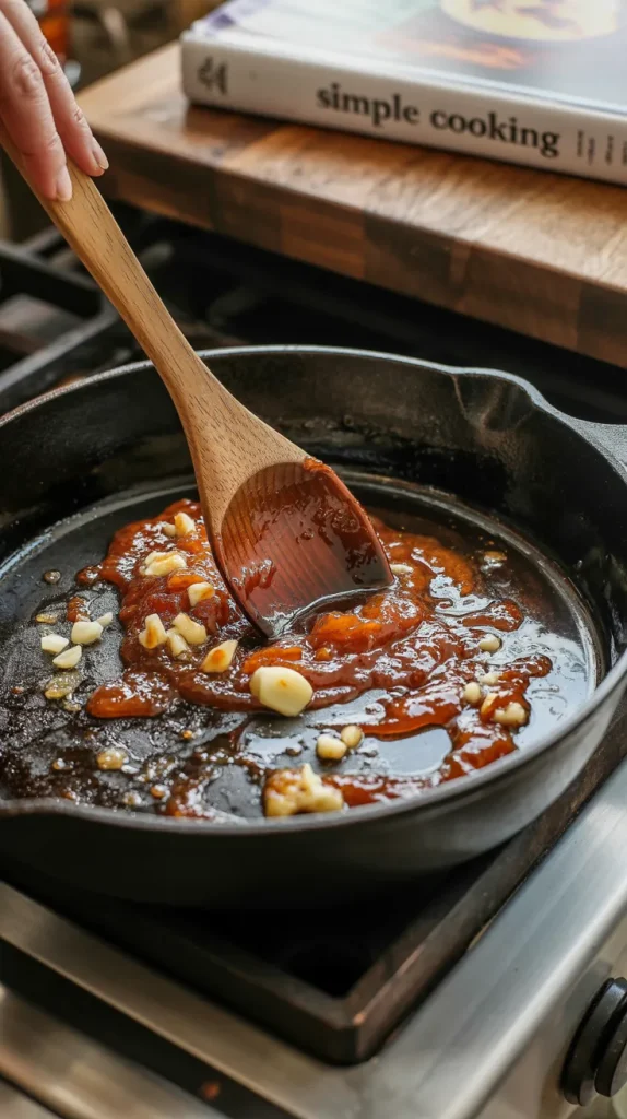 A wooden spoon stirring rich apricot-dijon sauce in a cast iron skillet. The amber-colored sauce is flecked with minced garlic cloves and has a glossy sheen. A cookbook titled 'simple cooking' sits on a wooden cutting board in the background. The sauce shows a luxurious, smooth texture with visible pieces of garlic scattered throughout