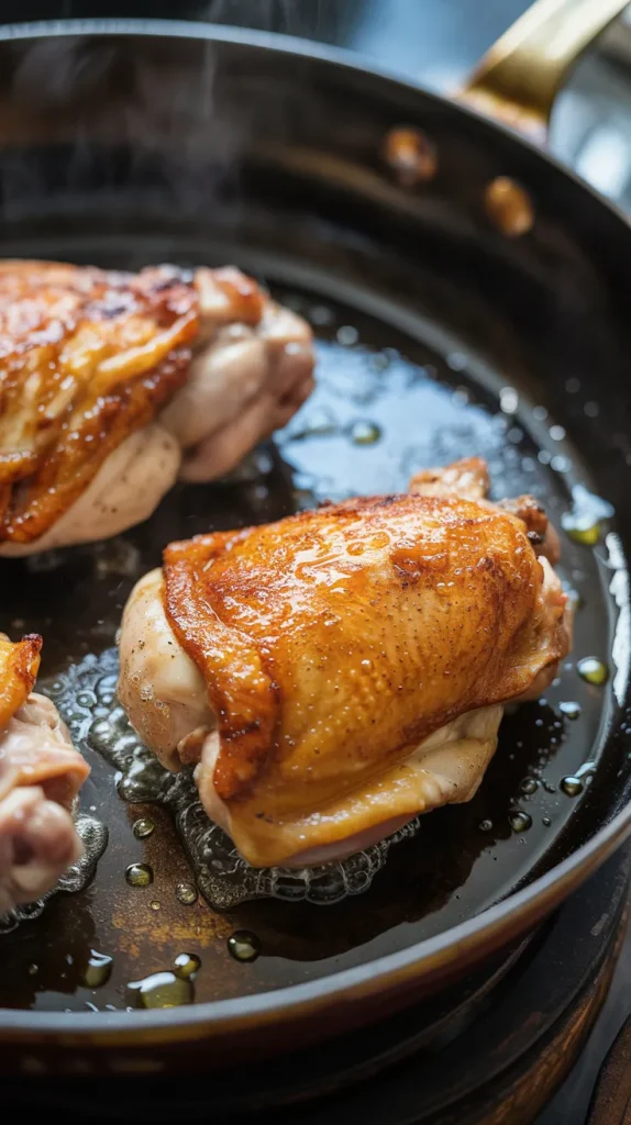Close-up macro shot of a single chicken thigh in a black skillet, showing crispy, golden-brown skin glistening with apricot-dijon glaze. Small bubbles of cooking liquid surround the perfectly caramelized chicken. The skin shows a deep amber color with visible specks of seasoning, capturing the juicy texture in sharp detail