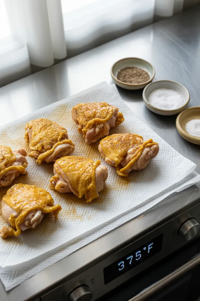 Raw seasoned chicken thighs arranged on white paper towels atop a stainless steel oven displaying 375°F. Three small ceramic bowls of seasonings sit in the background near a window with soft natural light. The chicken shows a yellow-gold marinade coating, and the arrangement demonstrates the preparation stage before cooking