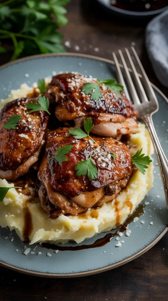Close-up of balsamic braised chicken thighs served over creamy mashed potatoes on a blue-gray ceramic plate. The chicken is deeply caramelized with a glistening, rich brown balsamic glaze and topped with fresh parsley leaves and a light dusting of Parmesan cheese. A silver fork rests at the edge of the plate, and fresh herbs are visible in the soft-focus background. The sauce pools around the potatoes on the plate, creating an appetizing presentation that highlights the dish's luxurious textures and colors.