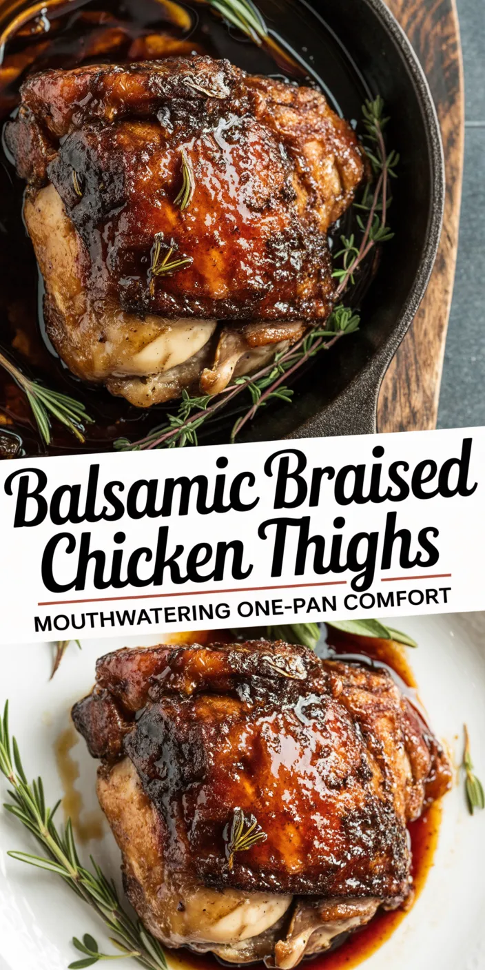 Blog post header image showing balsamic braised chicken thighs in two views. The top photo displays a chicken thigh in a cast iron skillet with fresh herbs, while the bottom shows the same dish on a white plate. Both images highlight the deeply caramelized, glossy skin glazed with rich balsamic sauce. Text overlay reads 'Balsamic Braised Chicken Thighs' with a tagline 'Mouthwatering One-Pan Comfort' - presenting the dish as both rustic and elegant, perfect for a food blog feature.