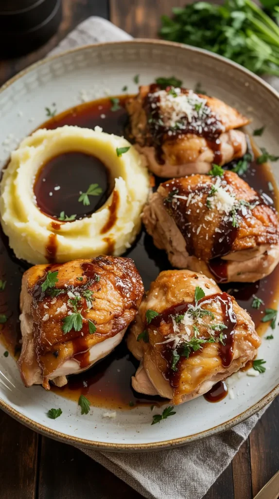 Beautifully plated balsamic braised chicken thighs with crispy golden-brown skin served on a cream-colored ceramic plate with a gold rim. Four succulent chicken pieces surround a mound of creamy mashed potatoes with a well in the center filled with rich balsamic reduction sauce. The chicken glistens with the dark, glossy sauce and is garnished with fresh chopped parsley and a light sprinkle of grated Parmesan cheese. Fresh herbs are visible in the background, and the plate rests on a neutral linen napkin atop a rustic wooden table