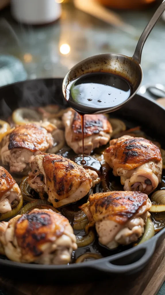 A ladle filled with rich, glossy balsamic sauce pouring over golden-brown chicken thighs in a cast iron skillet. The sauce drips slowly onto the perfectly seared chicken, which is nestled among softened onion rings. The chicken skin is crispy and caramelized, with visible herbs and seasoning. Soft bokeh lighting in the background creates a warm atmosphere, highlighting the crucial basting step in the braising process that ensures the chicken absorbs the flavorful sauce.
