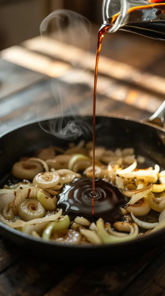 Dark balsamic vinegar being poured in a thin stream into a hot skillet filled with sautéed sliced onions and garlic. Steam rises from the pan as the vinegar makes contact, creating a sizzling effect and beginning to deglaze the surface. The rich mahogany liquid forms ripples where it hits the center of the pan. Translucent, caramelized onion slices surround the pouring point, cooking in the base of the balsamic sauce that will eventually braise the chicken thighs