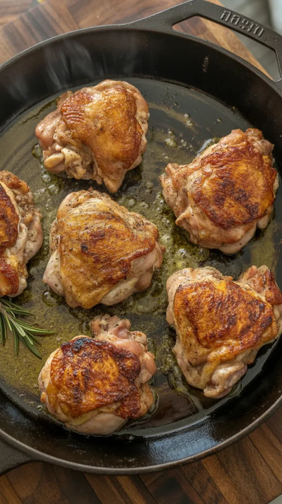 Chicken thighs searing in a cast iron skillet, skin-side down, achieving a perfect golden-brown crisp. The meat sizzles in olive oil, releasing steam as the fat renders. The seven thighs are arranged evenly throughout the pan with visible seasoning and a sprig of fresh rosemary in the corner. The cast iron handle is partially visible, and the pan sits on a rich wooden surface, capturing the essential first cooking step for balsamic braised chicken thighs.