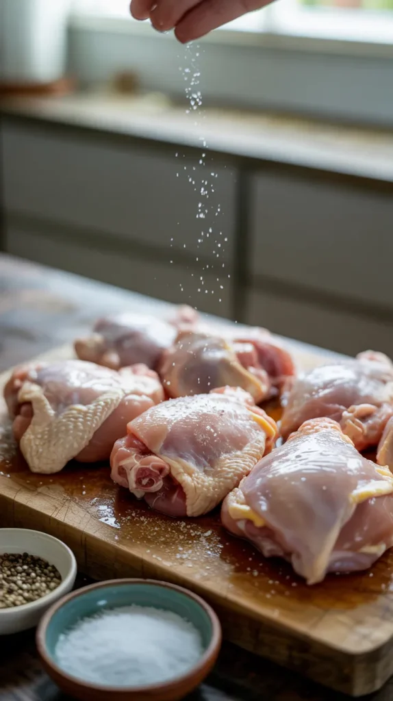 Raw chicken thighs arranged on a wooden cutting board as salt crystals are sprinkled from a hand above. The fresh, pink chicken pieces show textured skin, ready to be seasoned. Small bowls of salt and whole peppercorns sit nearby at the bottom of the frame. Natural light from a nearby window illuminates the scene, capturing the first step of preparing balsamic braised chicken thighs.