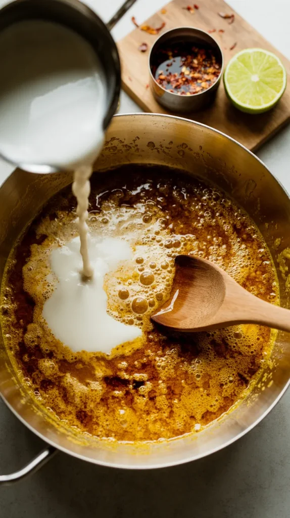 Creamy coconut milk being poured into a simmering golden curry sauce in a stainless steel pan. A wooden spoon rests in the pan, ready to stir the ingredients together. On a wooden cutting board nearby sits a small metal cup of red chili flakes and a halved lime, adding vibrant color to the cooking scene. The bubbling curry base shows rich amber tones with spices visible throughout