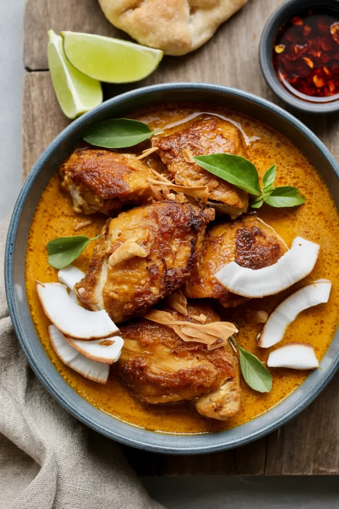 Crispy Coconut Curry Chicken Thighs served in a blue-gray bowl filled with rich golden curry sauce. The golden-brown chicken pieces are garnished with fresh coconut slices and basil leaves. Accompanying the dish are lime wedges and a small bowl of chili oil visible in the top corner. The meal is presented on a rustic wooden board with a neutral linen napkin, creating a warm and inviting composition that highlights the vibrant colors of the curry and the textures of the crispy chicken.
