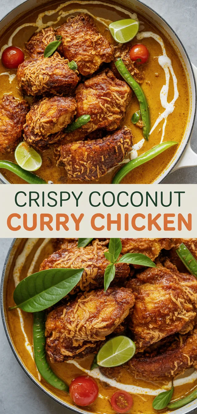 Two-image collage of Crispy Coconut Curry Chicken featuring golden-brown chicken thighs coated with shredded coconut in a rich amber curry sauce. The dish is served in a round metal pan with fresh green chili peppers, cherry tomatoes, lime wedges, and basil leaves for garnish. Decorative swirls of coconut cream accent the curry sauce. A bold title overlay reads 'CRISPY COCONUT CURRY CHICKEN' with 'CRISPY COCONUT' in dark green and 'CURRY CHICKEN' in orange. The top and bottom images show the same dish from different angles, highlighting both the full presentation and a closer view of the crispy texture