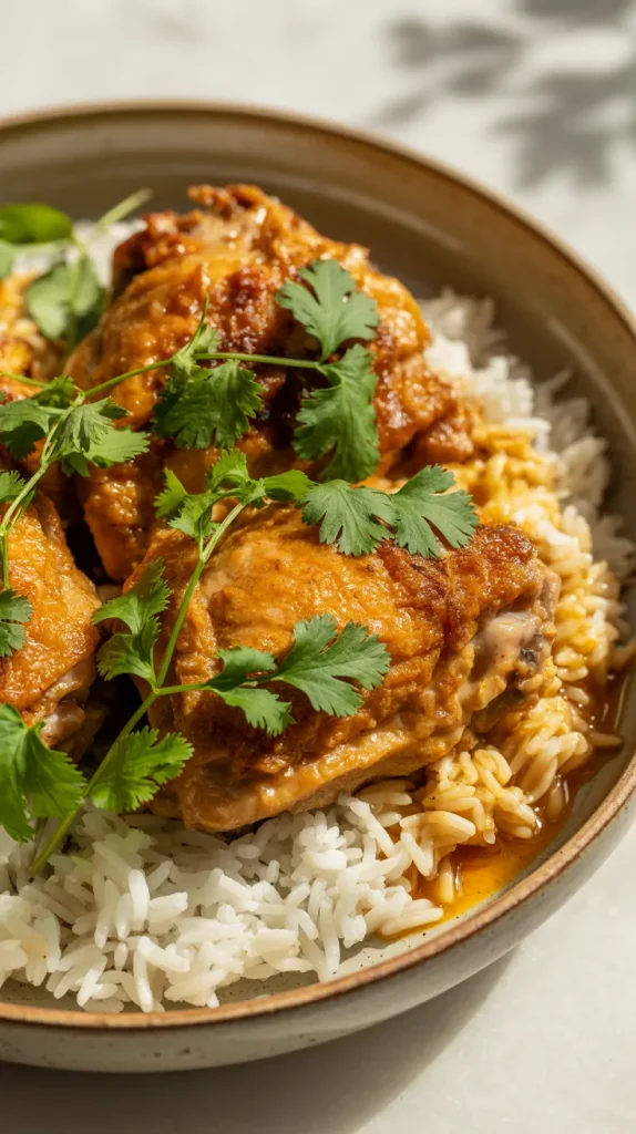 Crispy Coconut Curry Chicken Thighs served over a bed of white rice in a rustic ceramic bowl. The golden-brown chicken thighs are generously coated with a vibrant orange curry sauce that appetizingly drips onto the rice. Fresh green cilantro leaves are scattered on top as garnish, adding color and freshness to the dish. The meal showcases a perfect combination of crispy texture and creamy sauce, photographed in warm lighting on a light marble surface