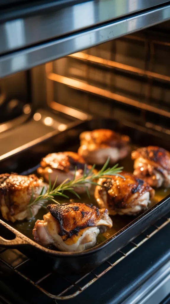 Chicken thighs roasting in an oven, viewed through the open oven door. The thighs are positioned in a dark baking pan and show beautiful caramelization with a glossy, golden-brown exterior and charred edges. Fresh rosemary sprigs are scattered among the chicken pieces, adding vibrant green accents. The meat is sizzling in its own juices, creating a rich sauce in the bottom of the pan. The warm glow of the oven light highlights the crispy skin and succulent texture of the chicken