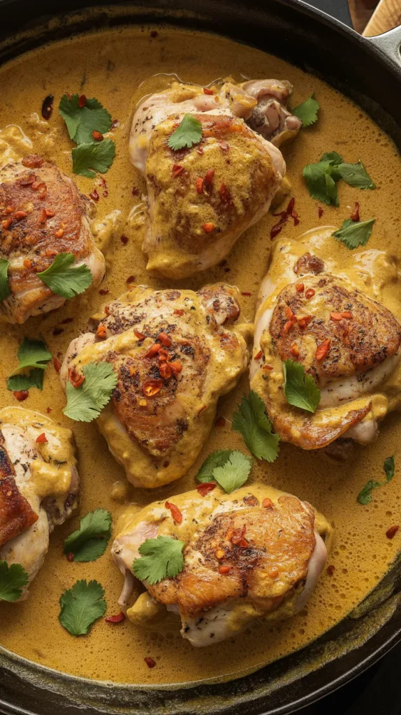 Crispy Coconut Curry Chicken Thighs simmering in a rich golden curry sauce. Six perfectly seared chicken thighs with golden-brown, crispy skin rest in a dark skillet, partially submerged in creamy coconut curry. The dish is garnished with bright green cilantro leaves and vibrant red chili flakes scattered across the surface. The chicken skin shows beautiful caramelization with visible spices, while the sauce has a luxurious, velvety texture with gentle bubbles around the edges