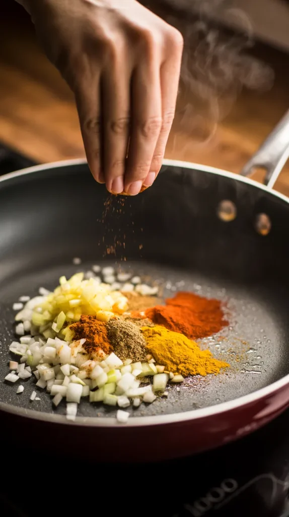 Hand sprinkling spices into a hot skillet with diced onions, turmeric, paprika, and other ground spices, releasing aromatic steam.
