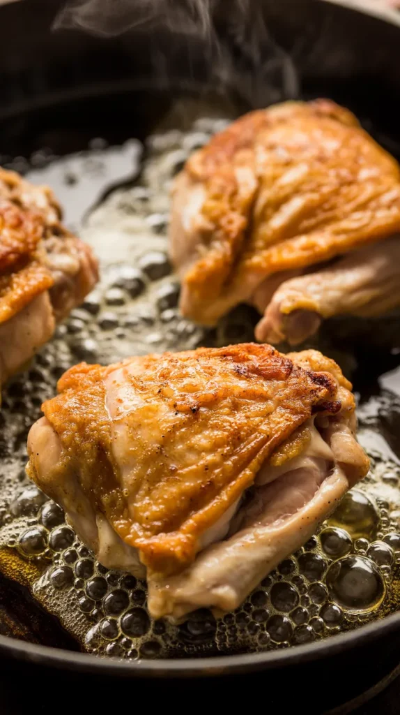 Golden brown chicken thighs searing in hot oil inside a skillet, with crispy skin and bubbling oil, releasing steam for a rich, savory aroma.