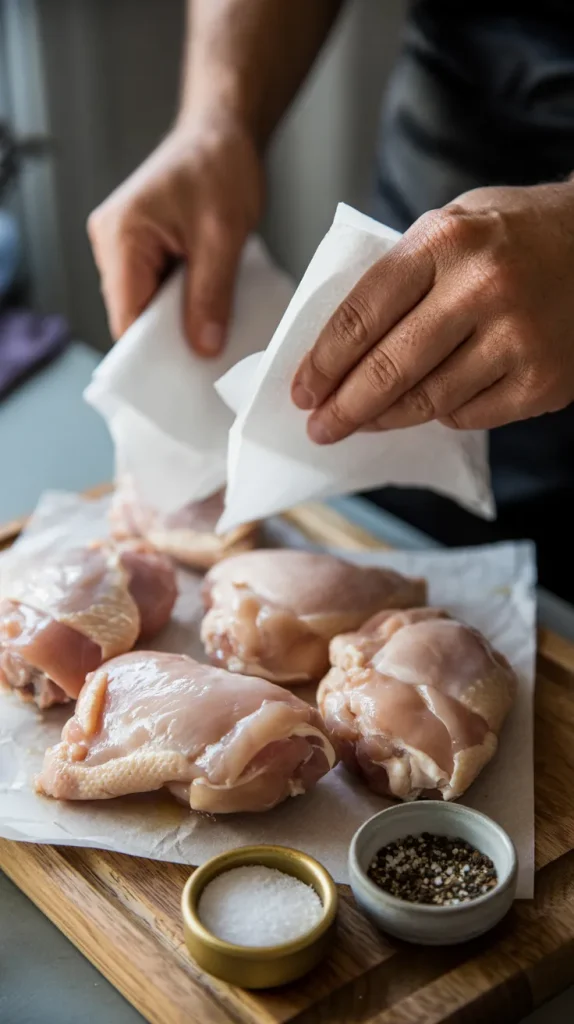 Hands patting raw chicken thighs dry with paper towels on a wooden cutting board, with small bowls of salt and pepper nearby.