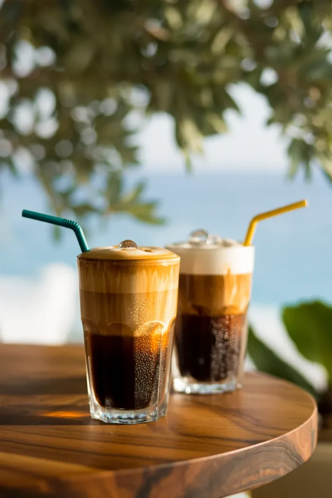Two Freddo Espressos served in tall, faceted glasses on a polished wooden round table, photographed in warm natural sunlight. The drinks showcase beautiful layering: a rich dark espresso base with visible ice cubes and condensation, transitioning to a creamy, golden-hued foam top. Each glass is garnished with colorful straws - one green and one yellow. The background features soft-focused foliage and a bright sky, creating a Mediterranean outdoor café atmosphere. Condensation droplets on the glasses catch the sunlight, emphasizing the drinks' refreshing nature. The composition is shot with a shallow depth of field, bringing the front drink into sharp focus while the second glass softly blurs.
