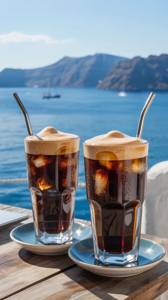 Two Freddo Espressos served in tall faceted glass tumblers with stainless steel straws, set on light blue ceramic saucers atop a wooden table. The drinks showcase perfect layering: a thick, creamy ivory foam crown floating above dark espresso with visible ice cubes, and condensation beading on the glass surfaces. The backdrop features a stunning Greek island vista with deep blue Aegean waters and dramatic mountainous coastline. Small boats dot the distant waters under a clear blue sky. The lighting is bright and natural, highlighting both the drinks' layers and the Mediterranean seascape