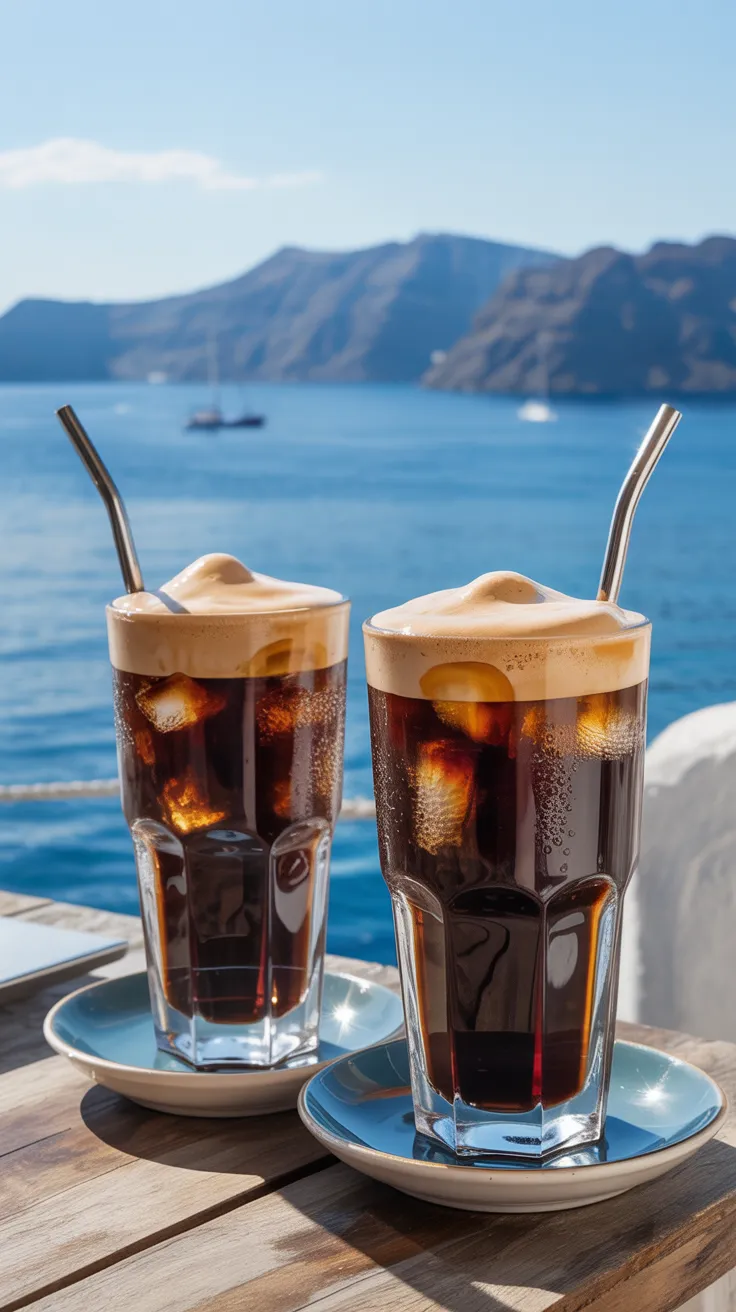 Two Freddo Espressos served in tall faceted glass tumblers with stainless steel straws, set on light blue ceramic saucers atop a wooden table. The drinks showcase perfect layering: a thick, creamy ivory foam crown floating above dark espresso with visible ice cubes, and condensation beading on the glass surfaces. The backdrop features a stunning Greek island vista with deep blue Aegean waters and dramatic mountainous coastline. Small boats dot the distant waters under a clear blue sky. The lighting is bright and natural, highlighting both the drinks' layers and the Mediterranean seascape