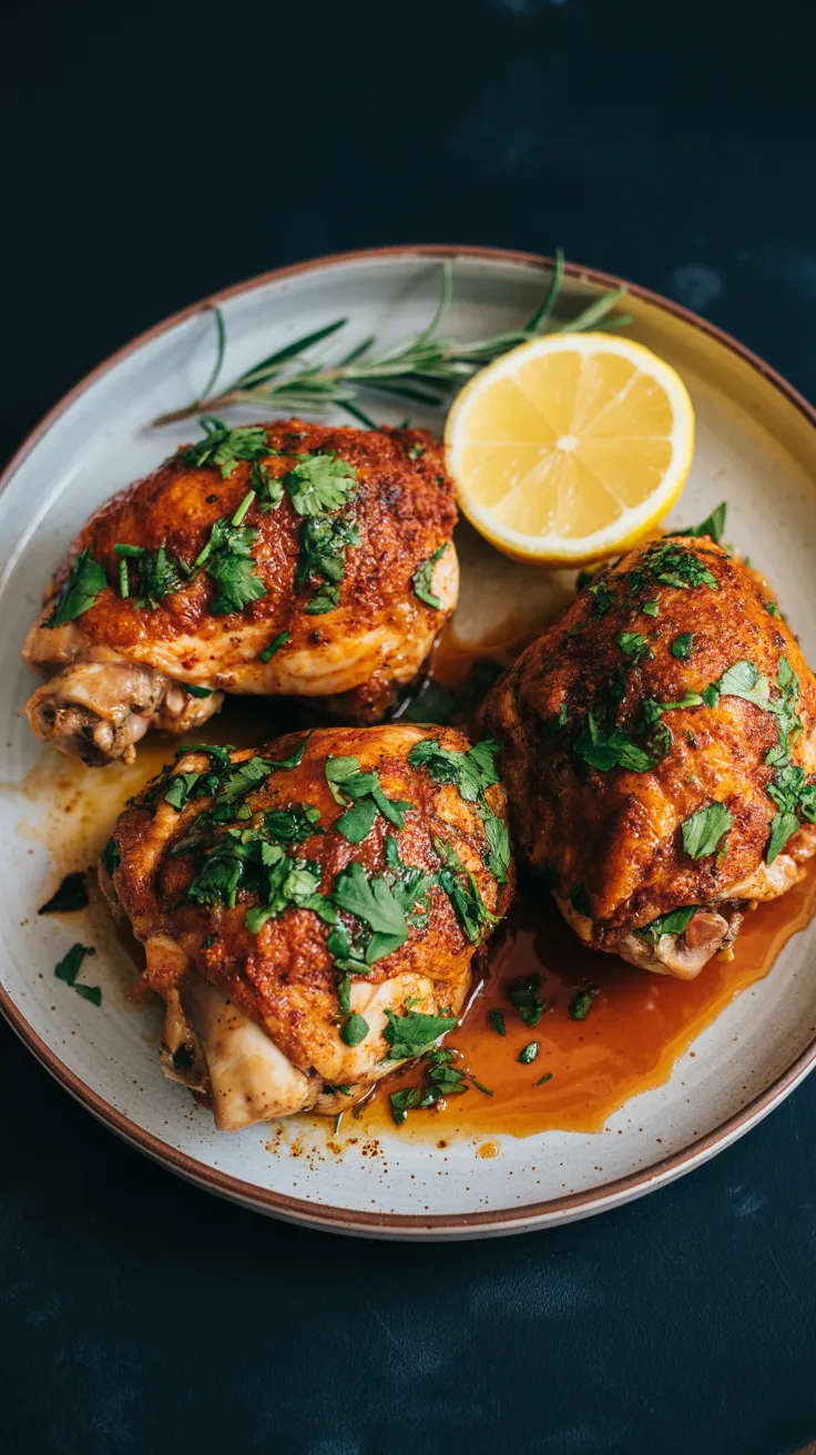 Beautifully plated harissa chicken thighs on a cream-colored ceramic plate with a terracotta rim against a dark blue background. Three perfectly roasted chicken thighs display a rich, reddish-brown spice crust, generously garnished with vibrant green chopped parsley and rosemary sprigs. A bright yellow lemon half sits alongside the chicken, ready to add a fresh citrus finish. The plate is drizzled with the natural cooking juices that have mixed with the harissa spices, creating a glossy orange sauce. The contrast between the warm spiced tones of the chicken, the bright herbs, and the clean white plate creates an appetizing, restaurant-quality presentation