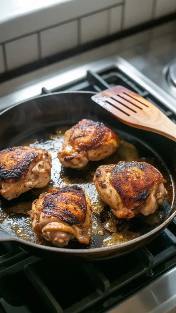 Four harissa-marinated chicken thighs searing in a black cast-iron skillet on a stovetop. The chicken skin is developing a beautiful golden-brown crust with darker charred spots where the spices are caramelizing. Hot oil sizzles around the chicken pieces, creating a glossy surface that catches the light. A wooden spatula rests at the edge of the pan, ready to flip the thighs. This image captures the crucial searing stage of the cooking process, where the skin becomes crisp while locking in the harissa flavors and juices before the chicken goes into the oven.