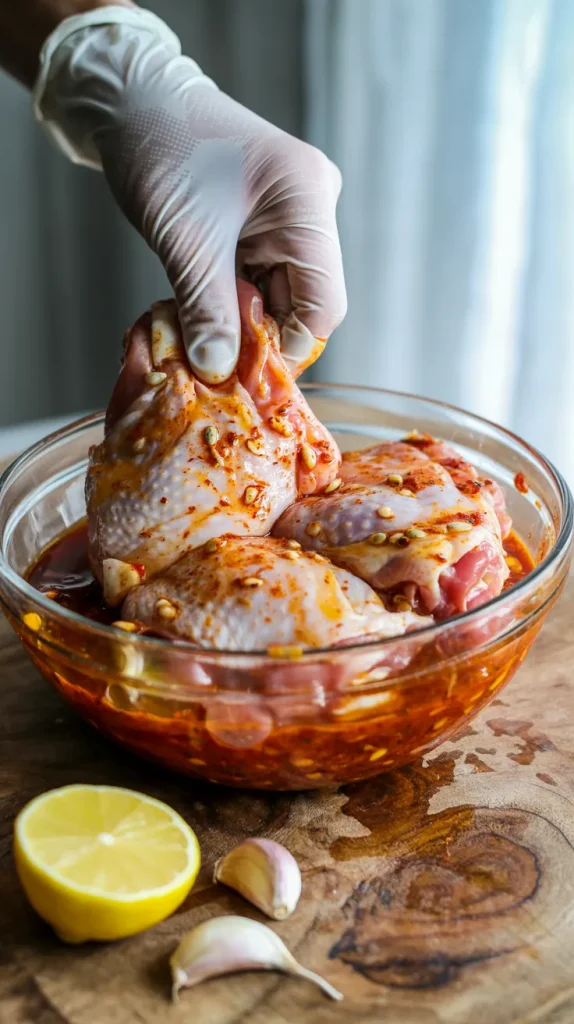 A gloved hand lifting a raw chicken thigh from a glass bowl filled with vibrant orange-red harissa marinade. The chicken pieces are coated in the flavorful sauce, which shows visible spice flecks and oil droplets clinging to the meat. In the foreground on a wooden cutting board are a halved bright yellow lemon and several peeled garlic cloves, key ingredients in the marinade. The scene captures the marination process before cooking, highlighting the rich colors of the spices and the careful food preparation. The wooden surface shows natural grain patterns and some marinade stains, adding to the authentic cooking atmosphere