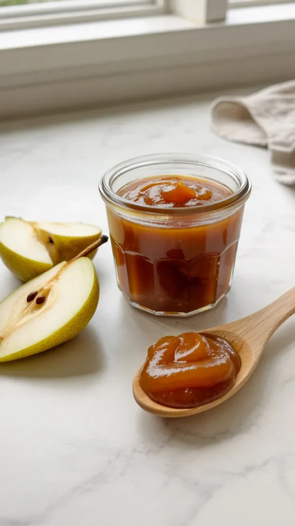 Homemade pear ketchup in glass jar with wooden spoon and fresh pear slices on white marble counter - homemade condiment recipe