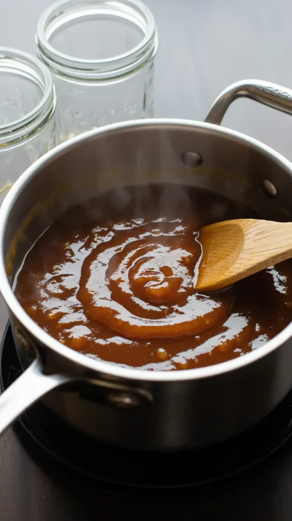 Pear ketchup simmering in stainless steel saucepan with wooden spoon and glass jars for storage - homemade condiment cooking process