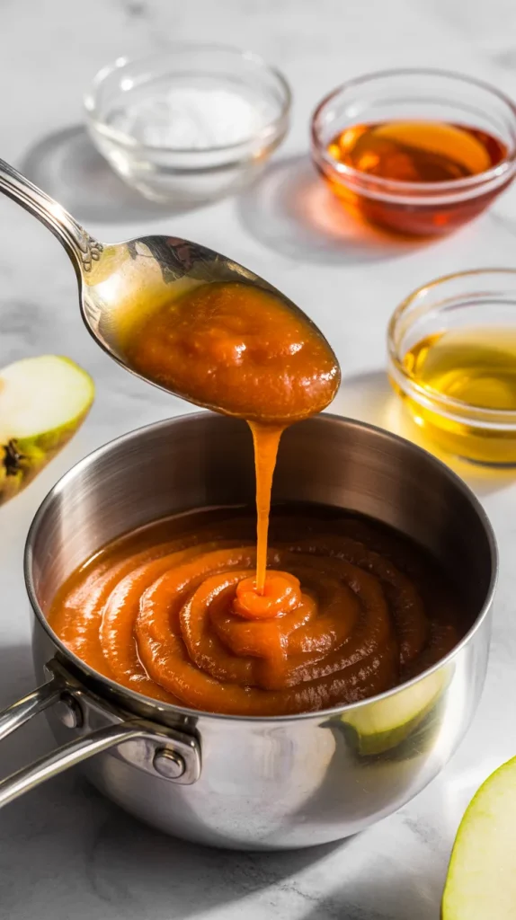 Smooth pear ketchup dripping from silver spoon into saucepan with recipe ingredients - apple cider vinegar, honey, and fresh pear slices