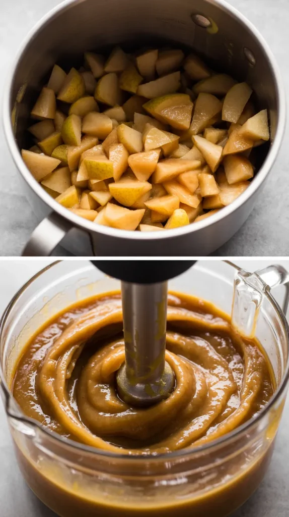 Pear ketchup recipe transformation - chopped pears in pot above, smooth blended ketchup in food processor below showing cooking process