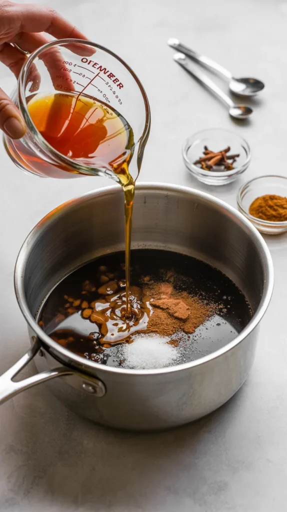 Adding apple cider vinegar from measuring cup to pear ketchup ingredients in saucepan with cinnamon and spices - homemade condiment recipe step