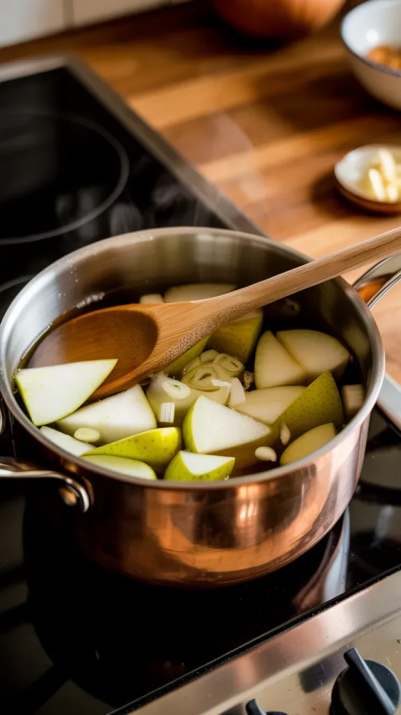Fresh pears, onions, and garlic simmering in copper saucepan with wooden spoon - early stage of pear ketchup recipe preparation