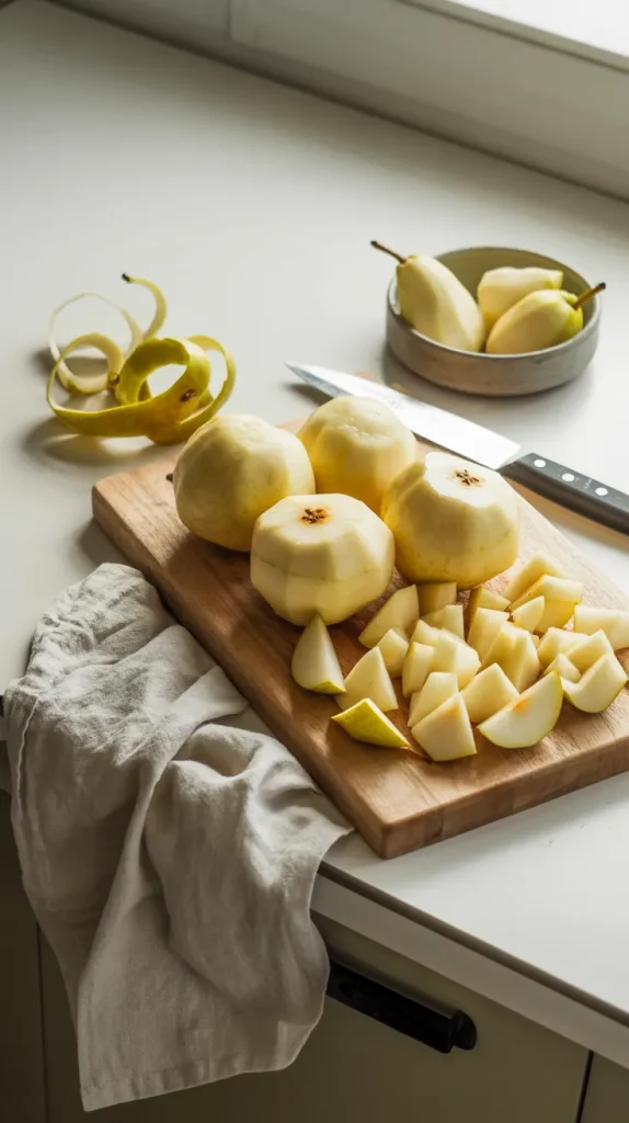 Fresh pears being peeled and chopped on wooden cutting board with paring knife - first step in making homemade pear ketchup recipe