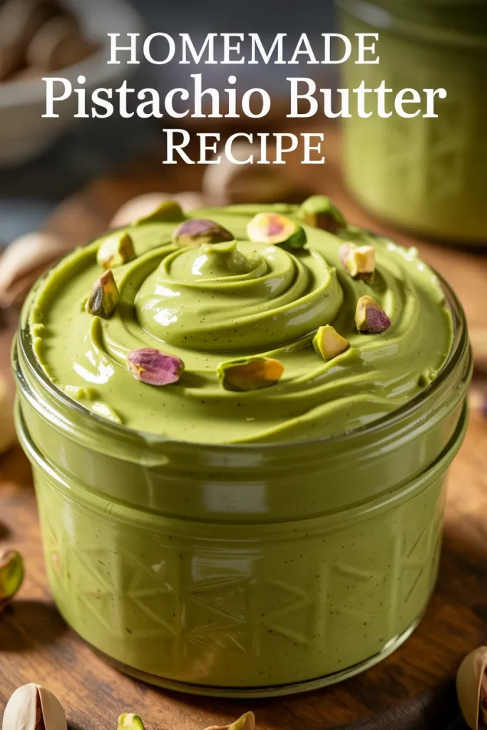 Glass jar of homemade pistachio butter with creamy green swirled texture, topped with chopped pistachios on wooden background with recipe title overlay