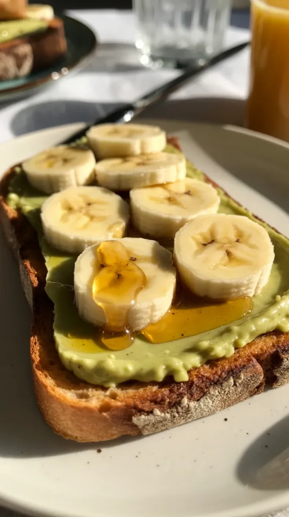 Toasted sourdough bread spread with green pistachio butter topped with sliced bananas and honey drizzle on white plate